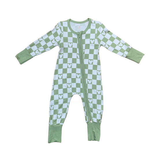 Checkered Mouse Ears Bamboo Romper (Light Green)