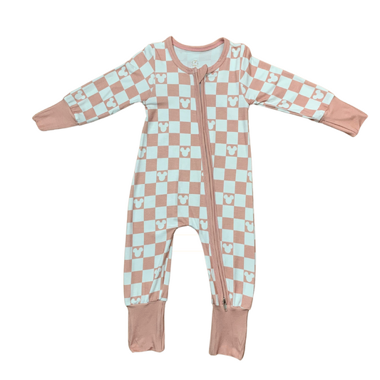 Checkered Mouse Ears Bamboo Romper (Dusty Rose)