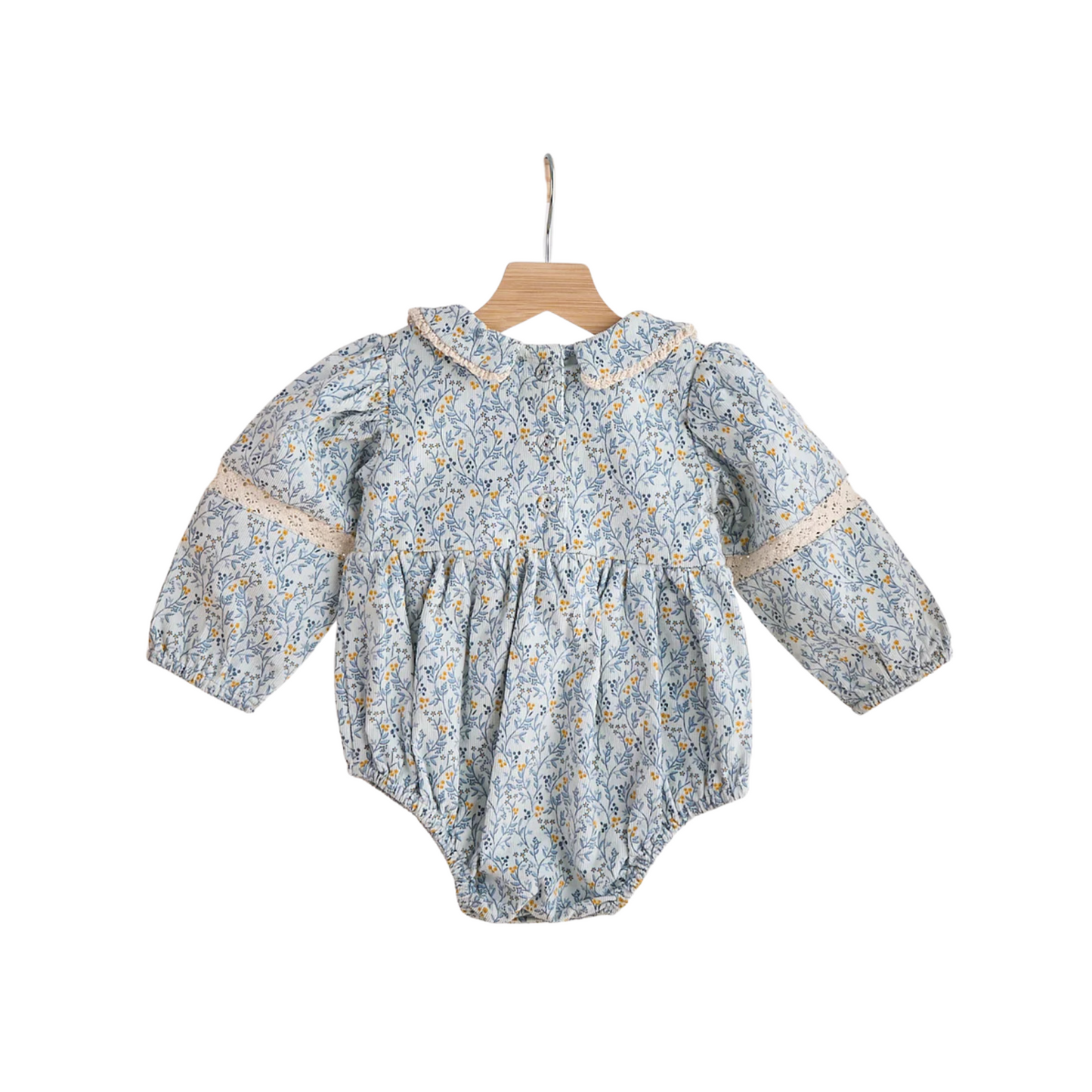 Blue Floral Corduroy Lace Romper