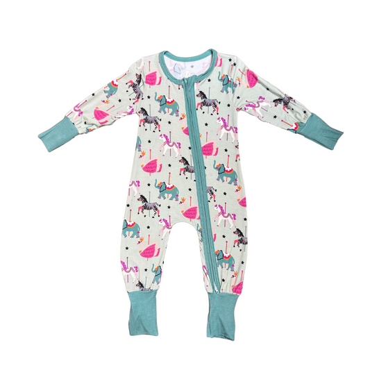 Carousel Animals Bamboo Romper (Mint)