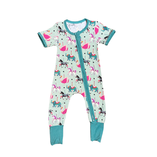 Carousel Animals Bamboo Romper (Mint, SS)