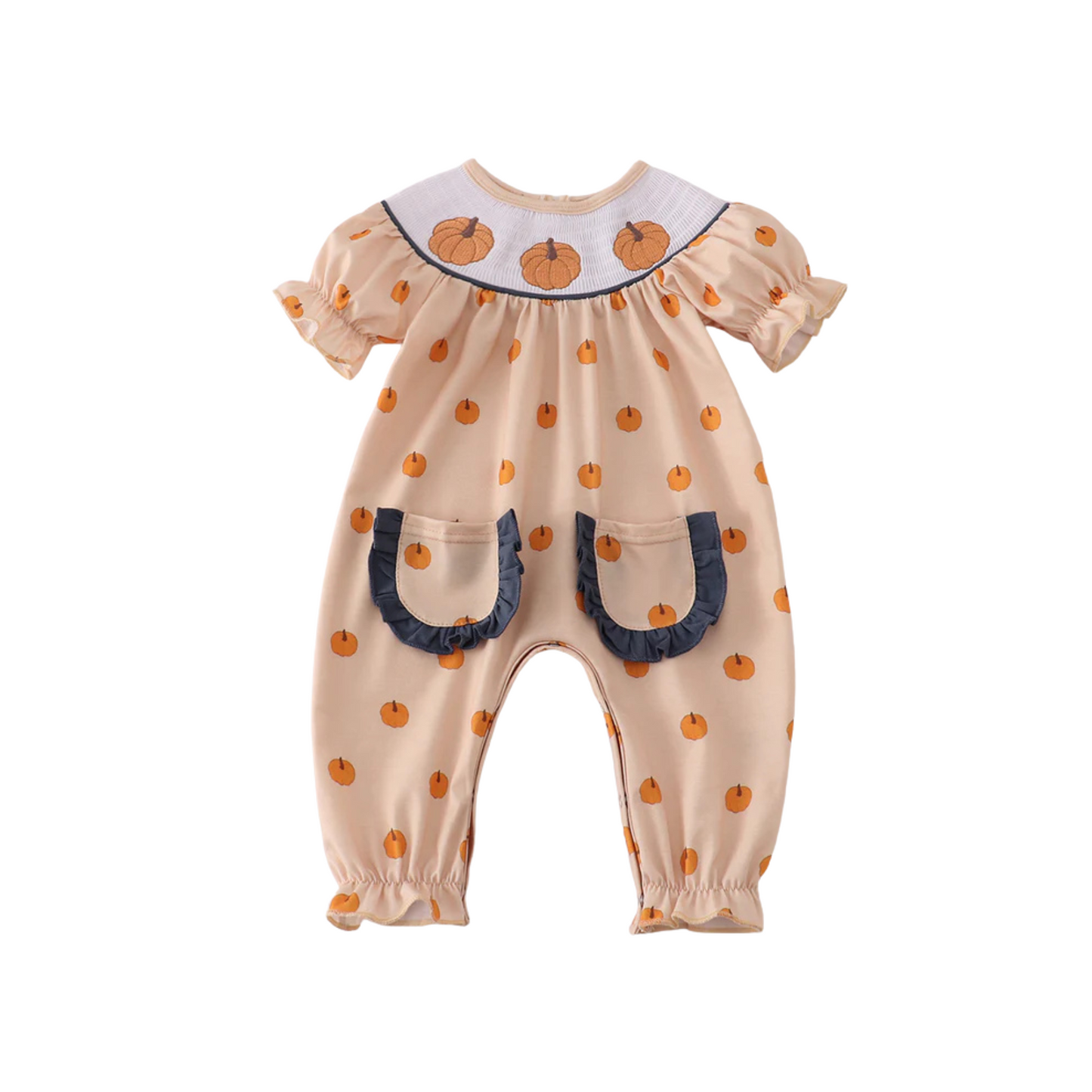 Navy Pumpkins Embroidery Romper