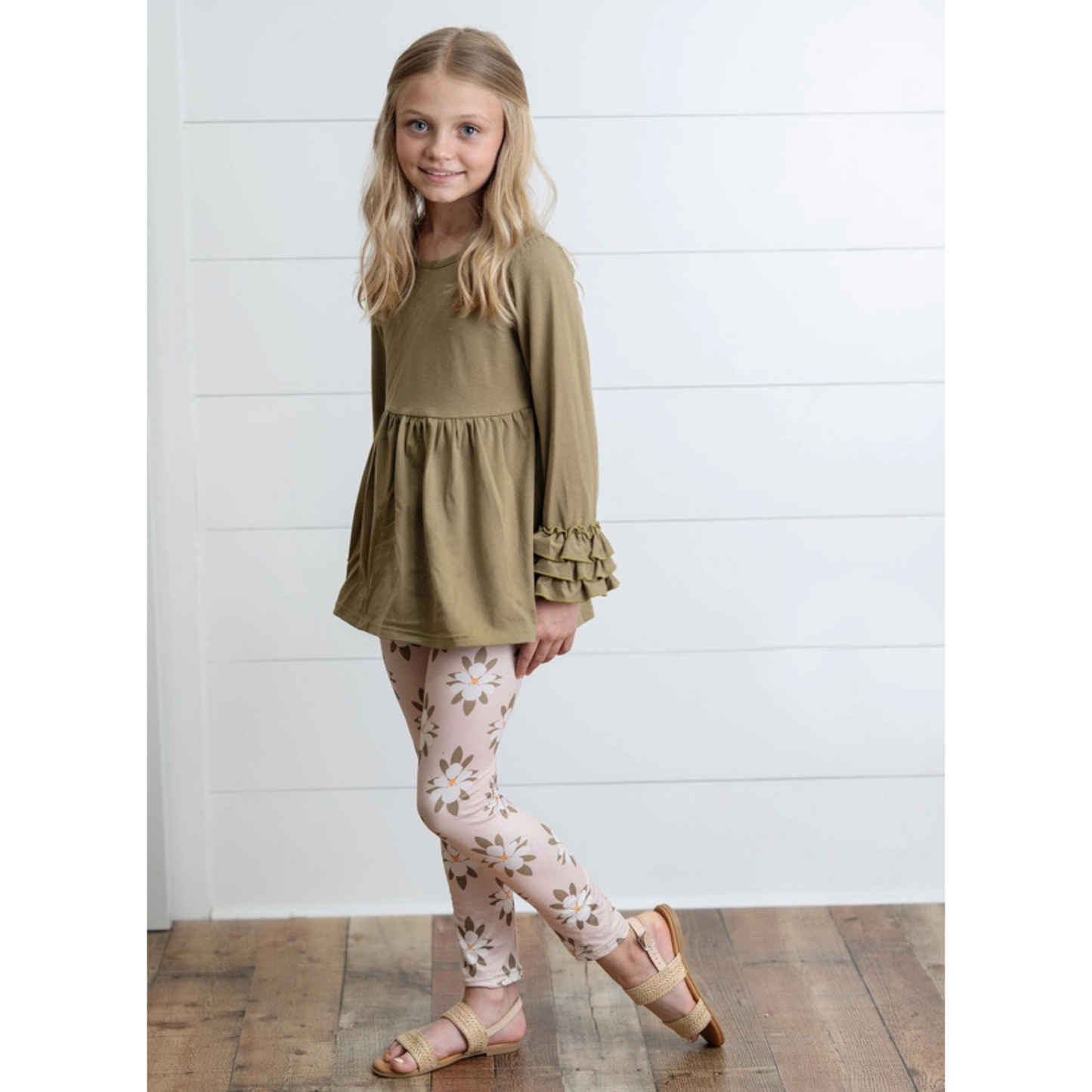 Girls Sage Green 3 Ruffles Shirt & Floral Leggings