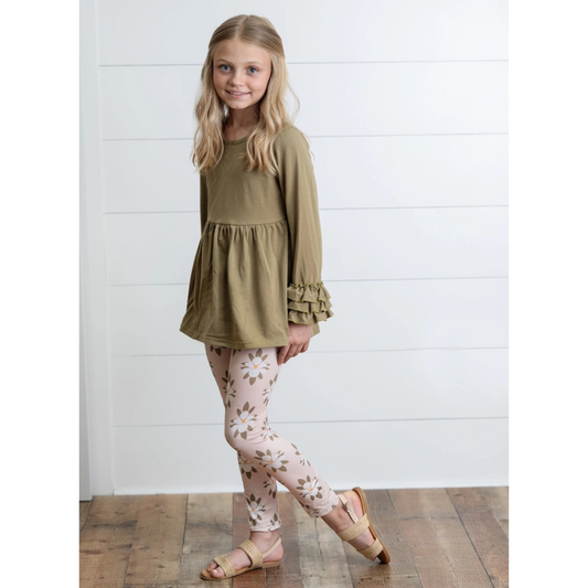 Girls Sage Green 3 Ruffles Shirt & Floral Leggings