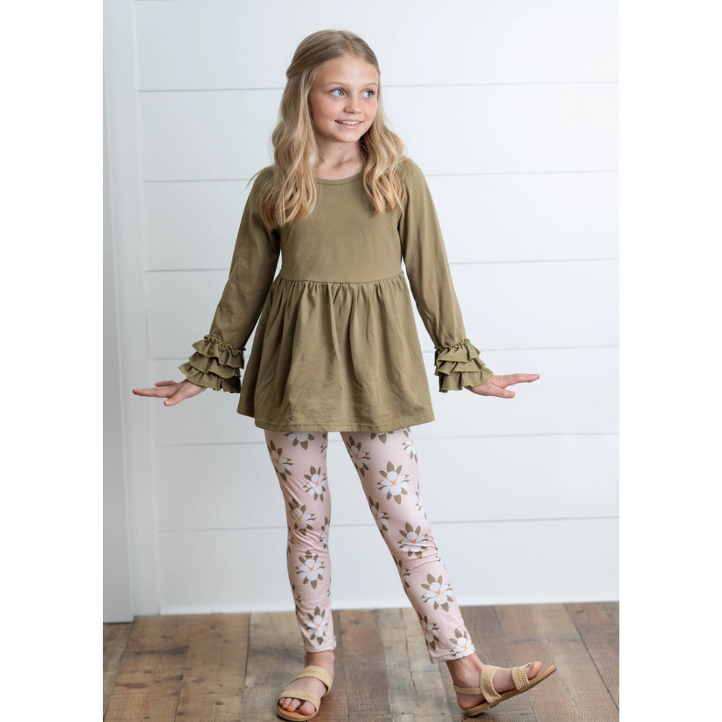 Girls Sage Green 3 Ruffles Shirt & Floral Leggings