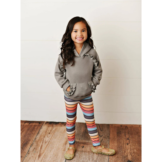Kids Gray Ruffle Hoodie and Rainbow Stripe Leggings Fall Set