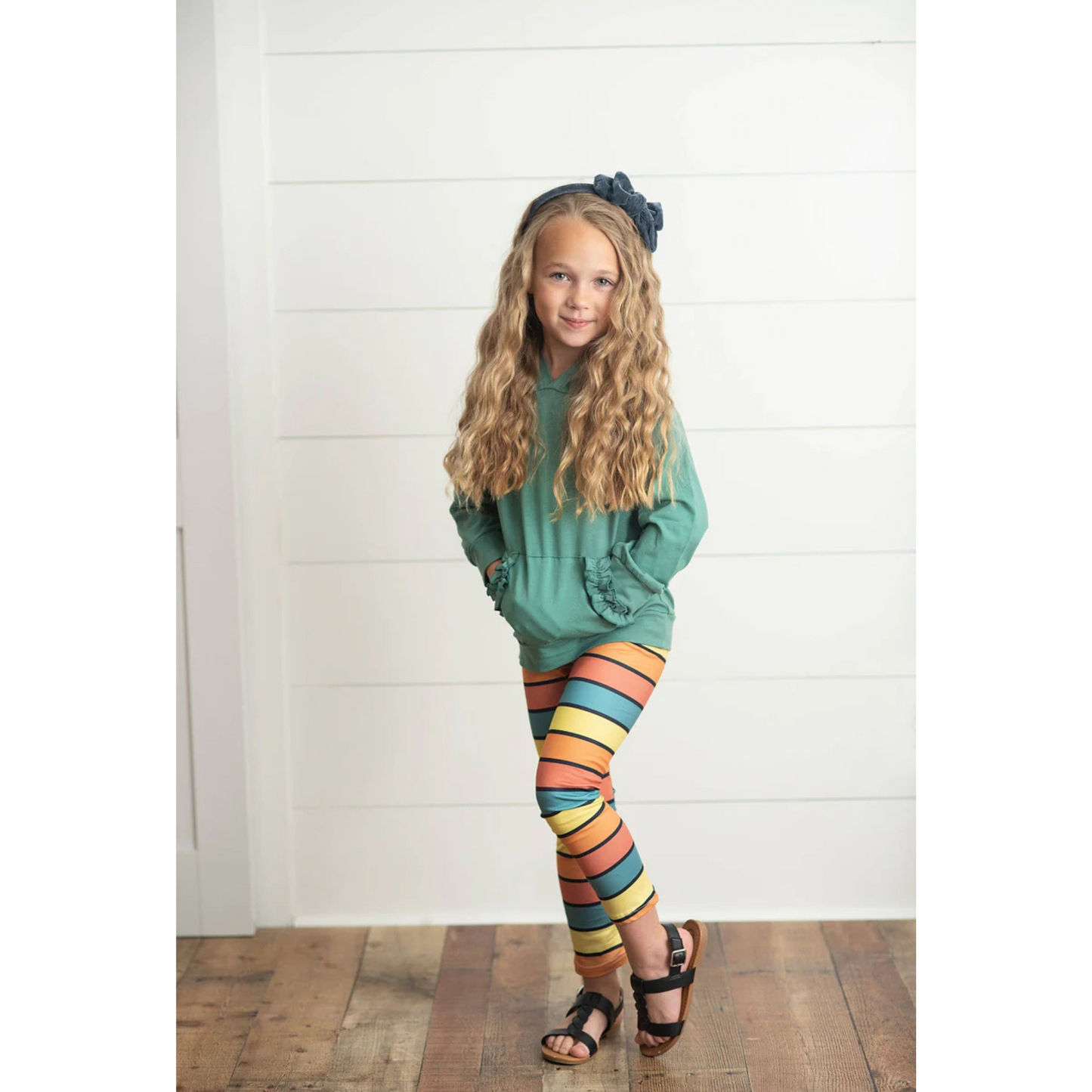 Kids Sage Ruffle Hoodie and Rainbow Stripe Leggings