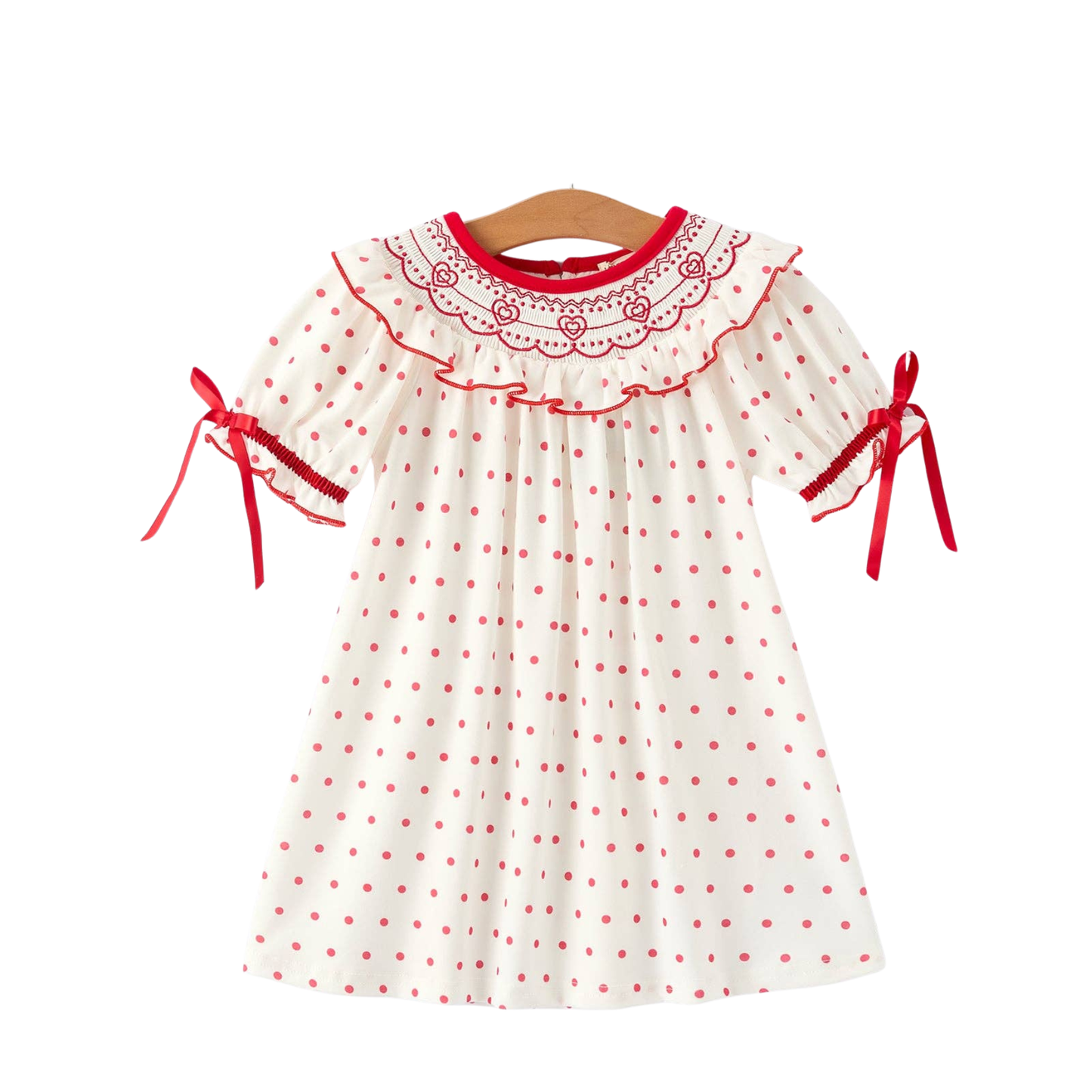 Valentine's Day Polka Dot Girls' Dress with Smocking Embroidery