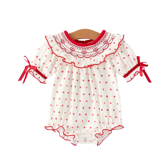 Valentine's Day Polka Dot Romper with Smocking Embroidery