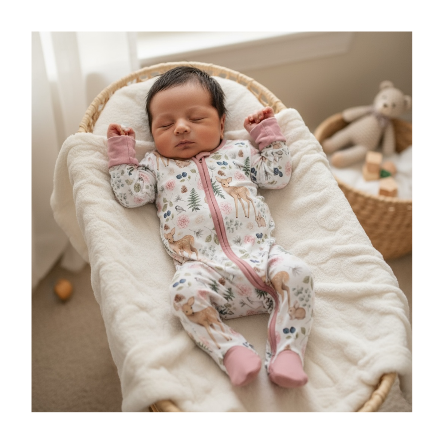 Pink Woodland Deer Bamboo Zipper Romper