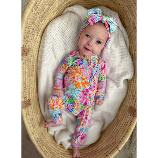 Bamboo Neon Floral Ruffle Baby Romper