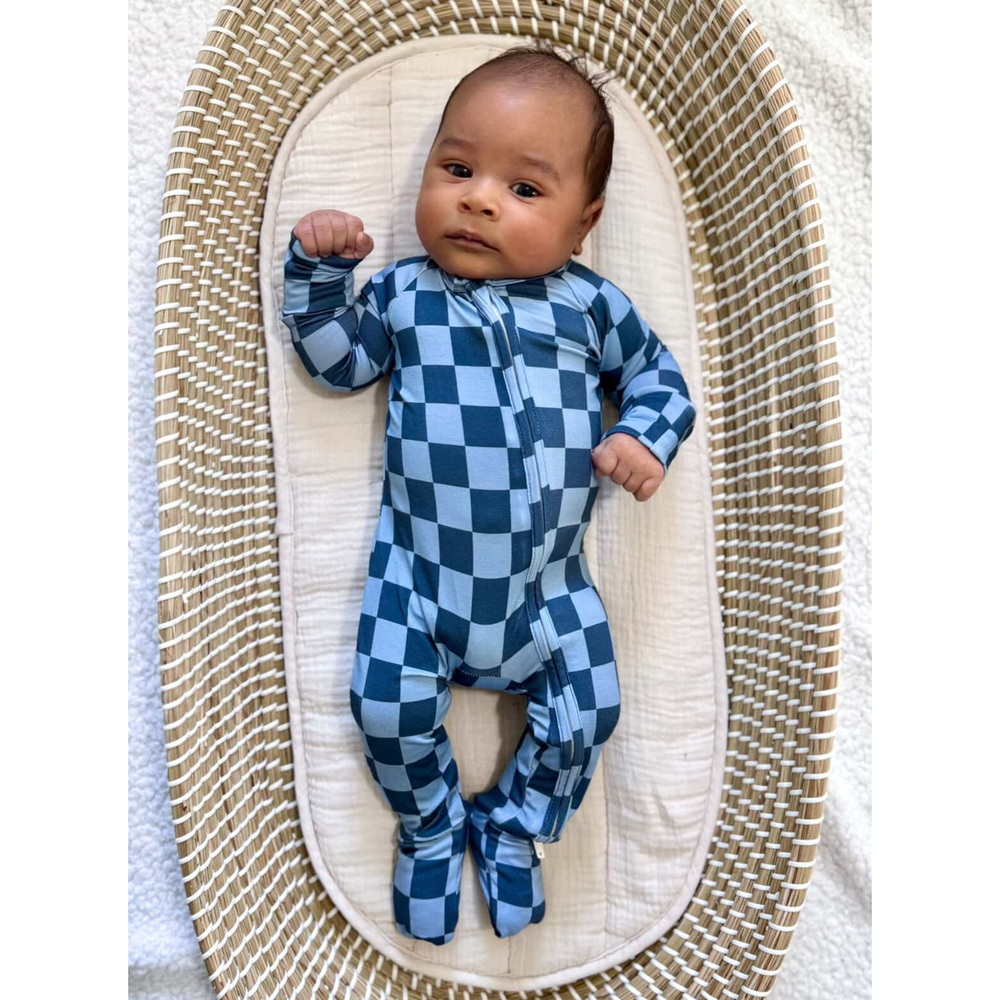 Blue Checker Bamboo Zipper Romper