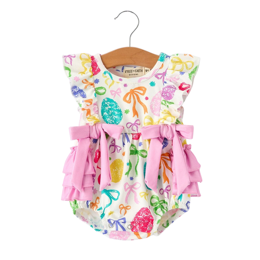 Rainbow Easter Egg Print Bow Baby Girls Romper