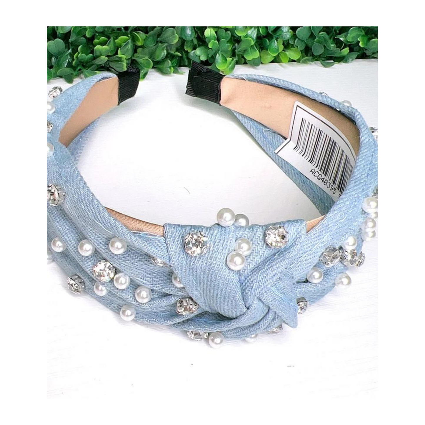 Light Denim Headband w/Rhinestones & Pearls