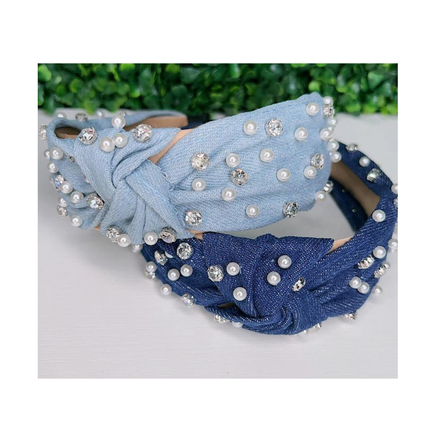 Light Denim Headband w/Rhinestones & Pearls