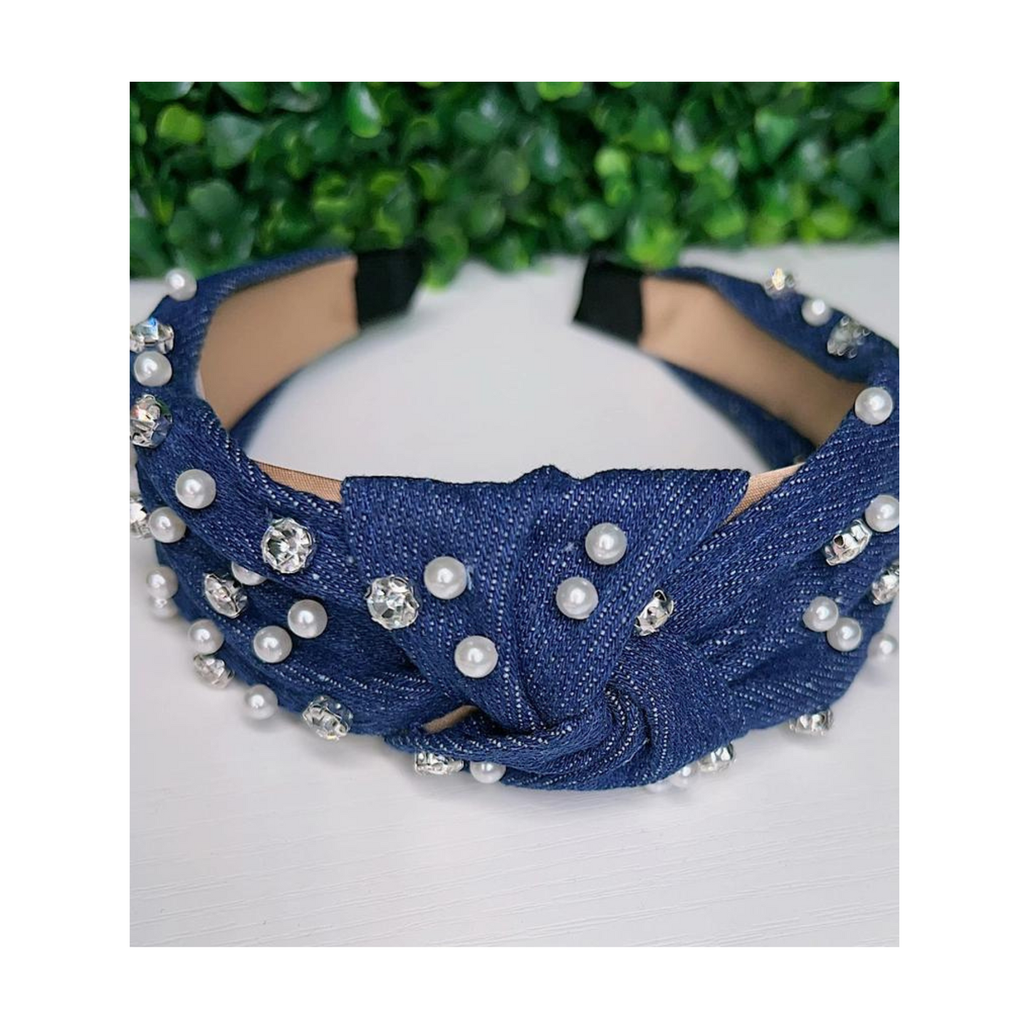 Dark Denim Headband w/Rhinestones & Pearls