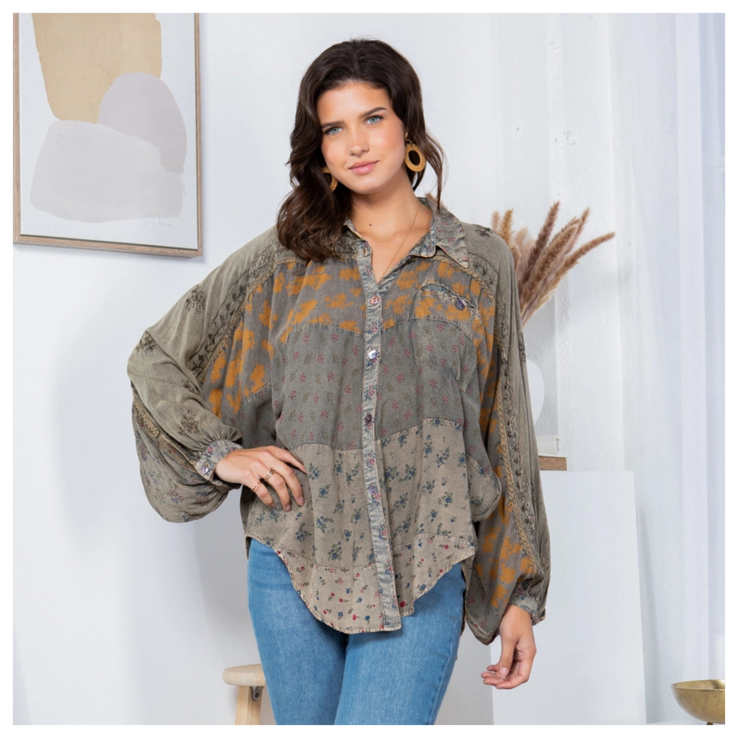 Womens Mixed Media Top - Printed Patchwork Design