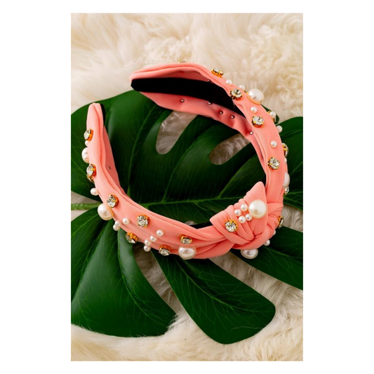 Coral Rhinestone & Pearl Headband