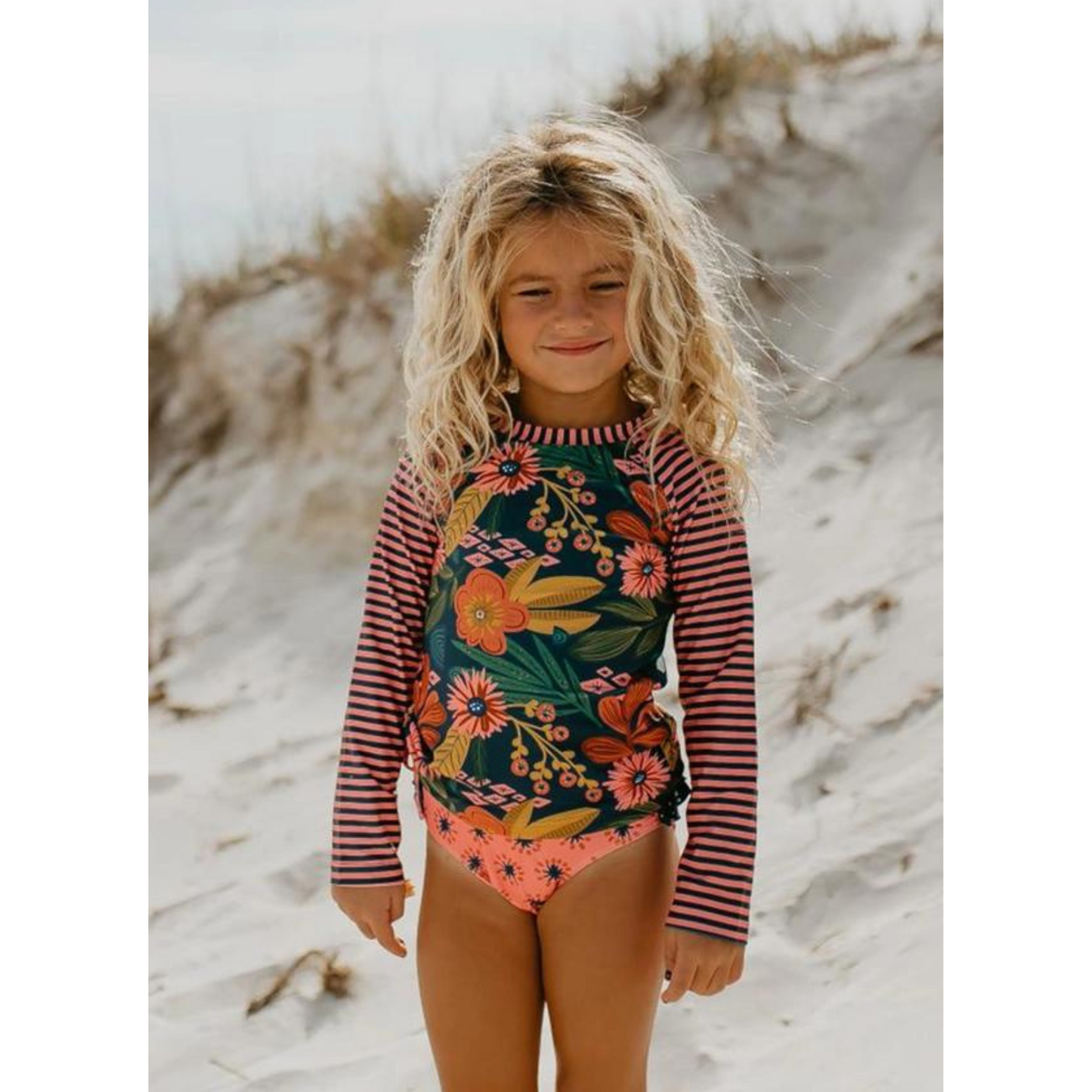 Kids Long Sleeve Navy Tropical Rash Guard Ruffle Swimsuit