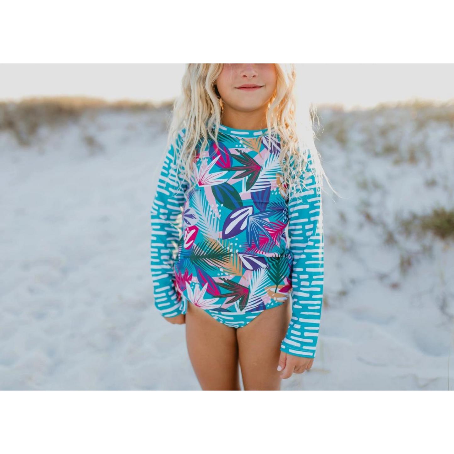 Kids L.S. Teal & Fuchsia Tropical Rash Guard Ruffle Swimsuit