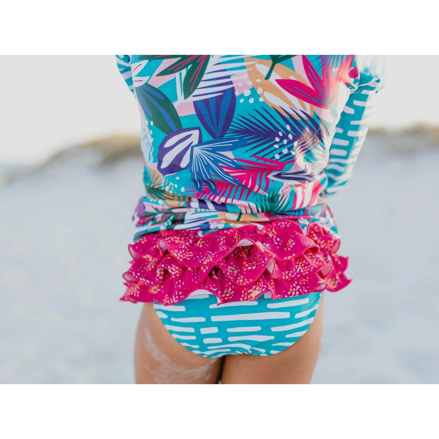 Kids L.S. Teal & Fuchsia Tropical Rash Guard Ruffle Swimsuit