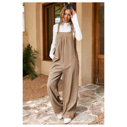 Solid Pocketed Loose Fit Corduroy Overall (Gray Morn)