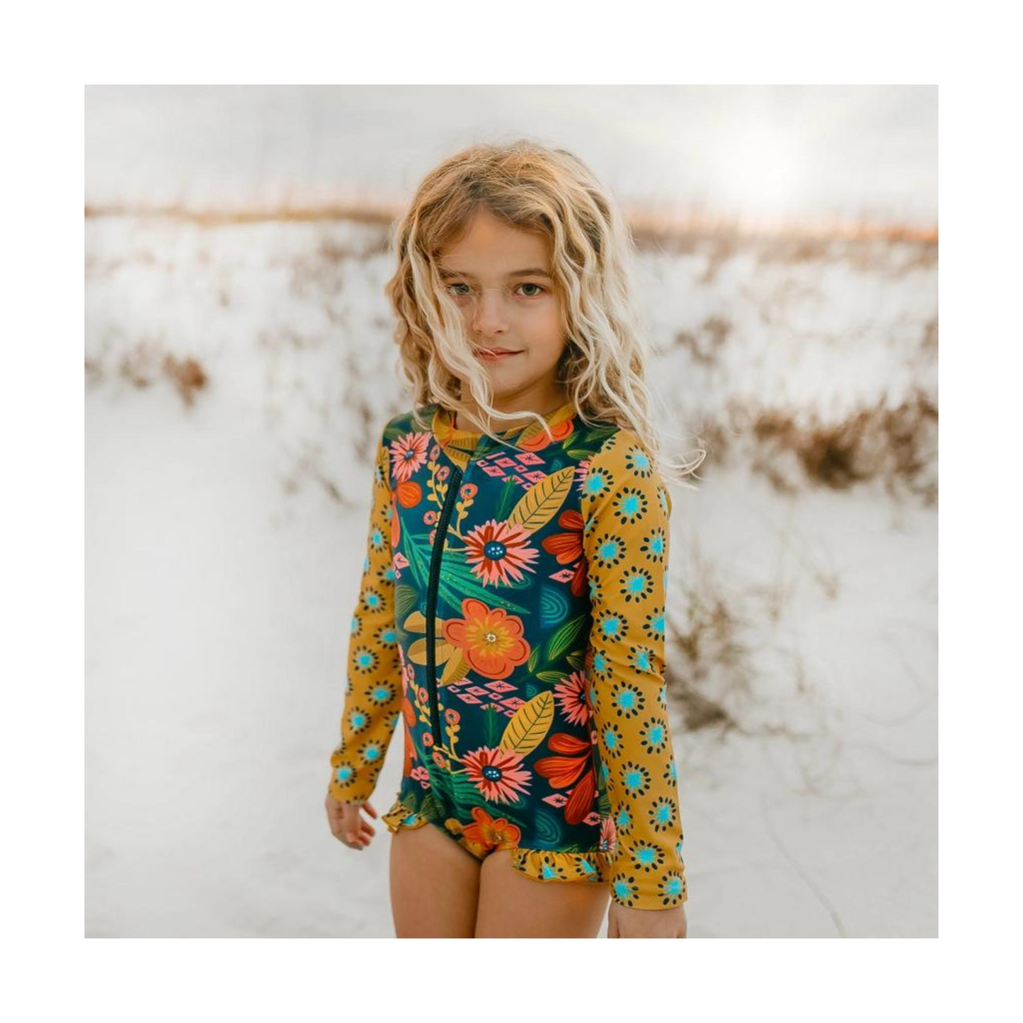 Kids Mustard Tropical Zip Rash Guard One Piece Swimsuit