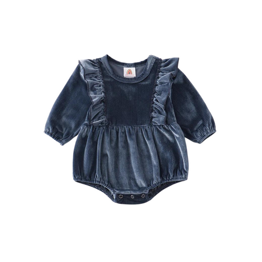 Blue Ruffle Velvet Romper