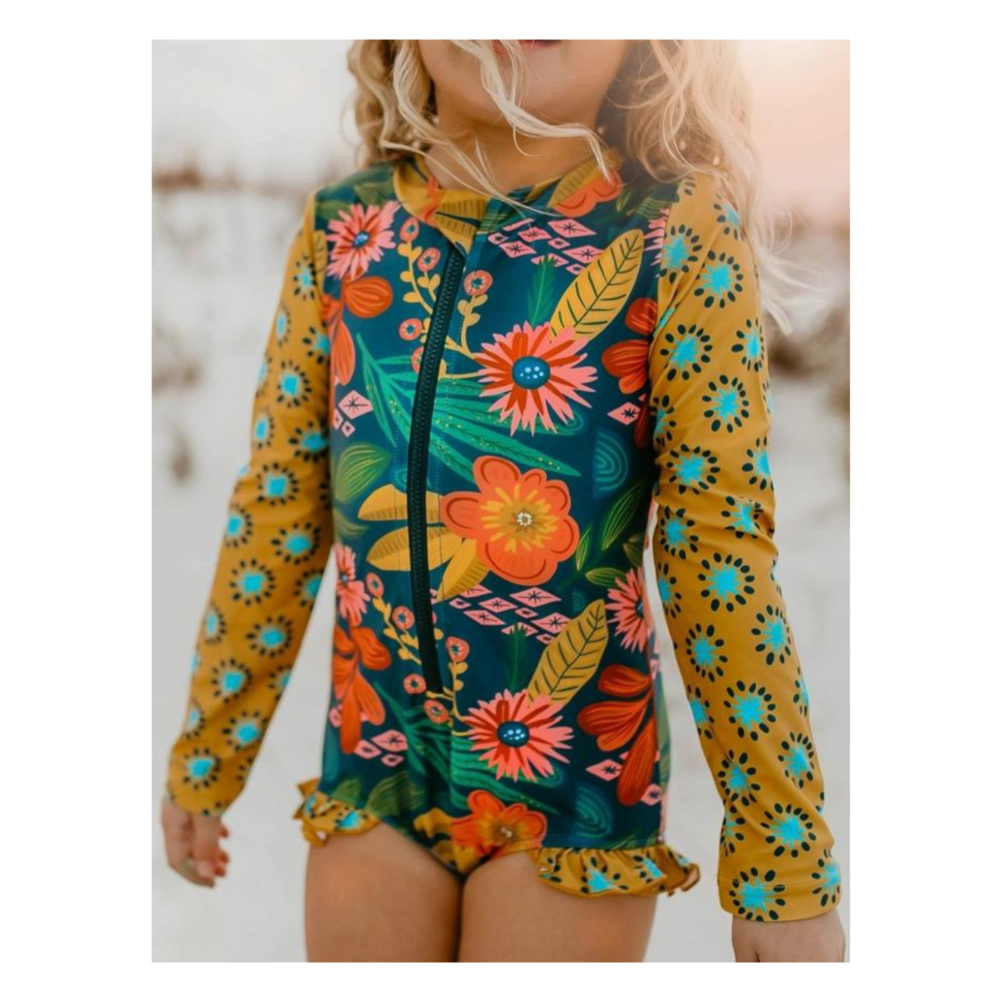 Kids Mustard Tropical Zip Rash Guard One Piece Swimsuit