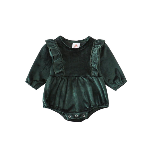 Forest Green Ruffle Velvet Romper