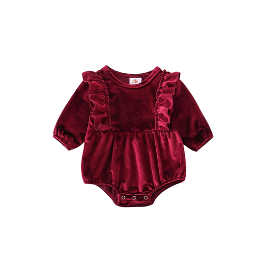 Maroon Ruffle Velvet Romper