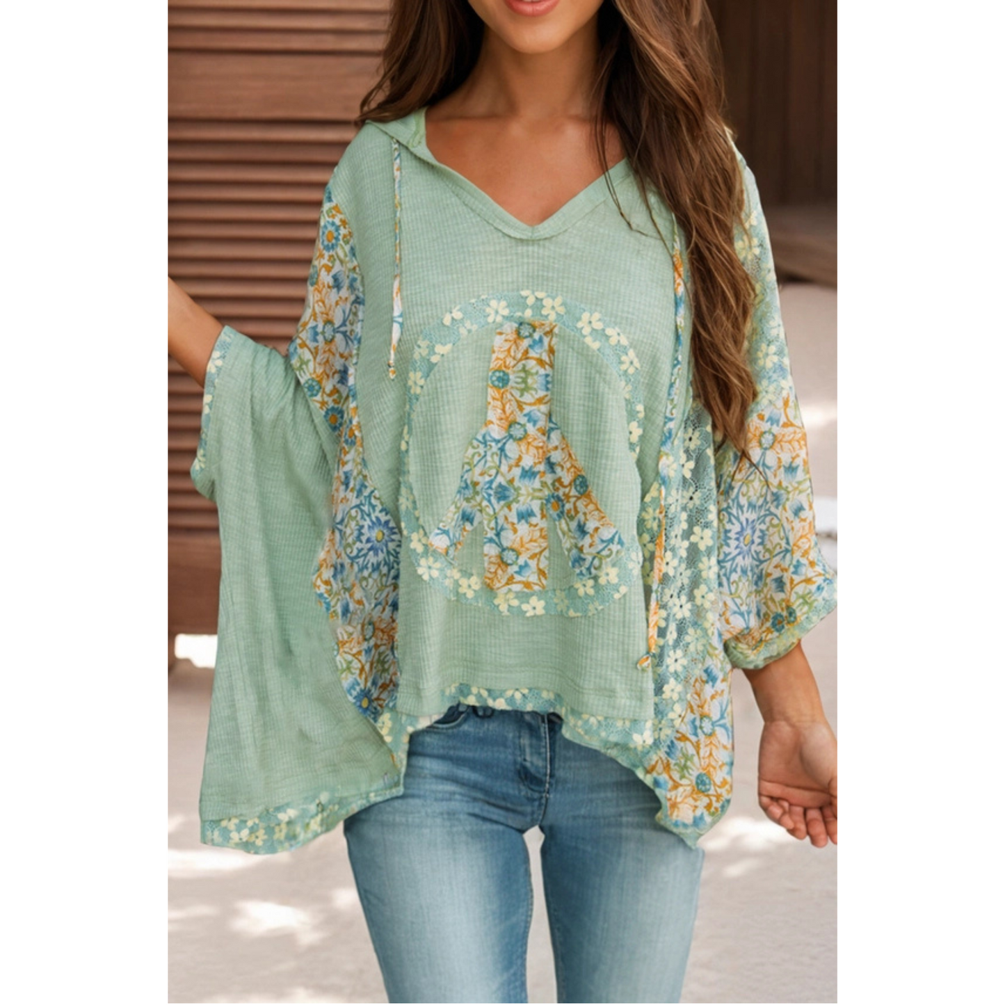 Ribbed Lace Floral Patchwork Batwing Sleeve Blouse